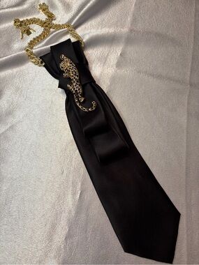 St. Patrick Black Satin Tie Necklace with Gold Leopard Accent